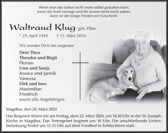 Traueranzeige von Waltraud Klug von FZ
