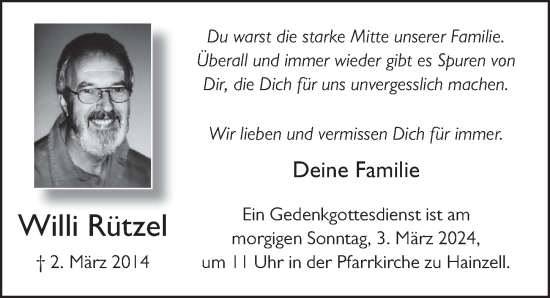 Traueranzeige von Willi Rützel von FZ