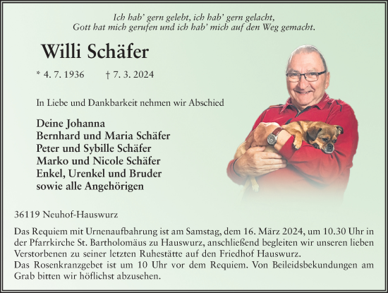 Traueranzeige von Willi Schäfer von FZ