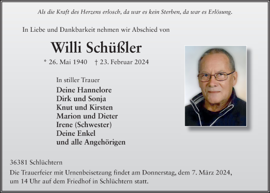 Traueranzeige von Willi Schüßler von FZ