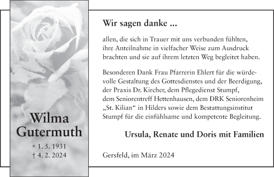 Traueranzeige von Wilma Gutermuth von FZ