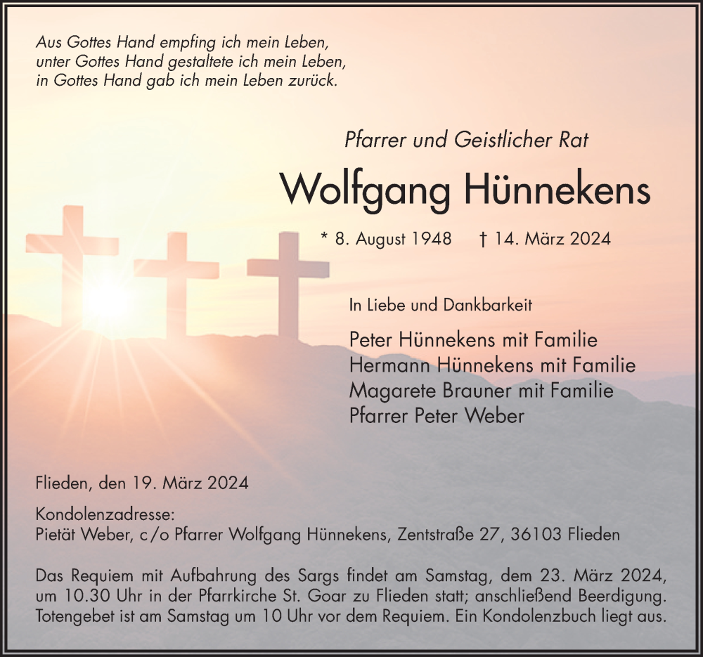  Traueranzeige für Wolfgang Hünnekens vom 19.03.2024 aus FZ