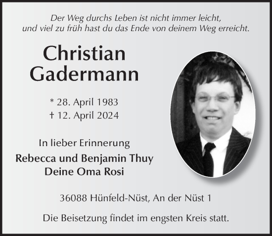 Traueranzeige von Christian Gadermann von FZ