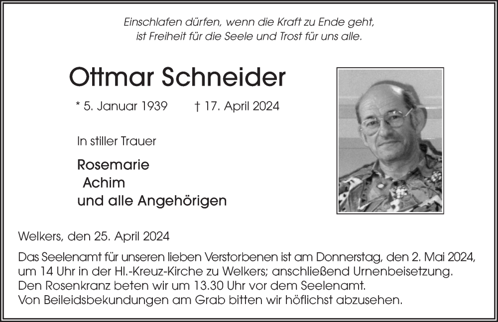  Traueranzeige für Ottmar Schneider vom 25.04.2024 aus FZ