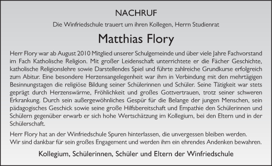 Traueranzeige von Matthias Flory von FZ