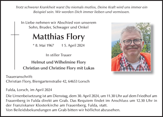 Traueranzeige von Matthias Flory von FZ
