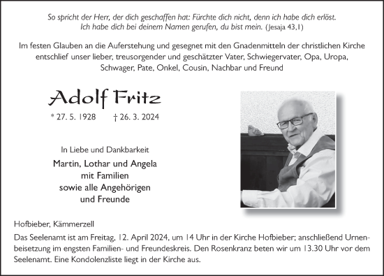 Traueranzeige von Adolf Fritz von FZ