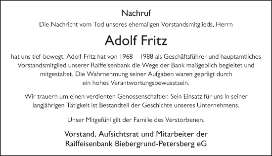 Traueranzeige von Adolf Fritz von FZ