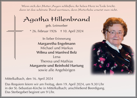 Traueranzeige von Agatha Hillenbrand von FZ