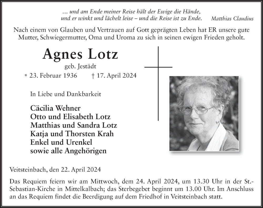  Traueranzeige für Agnes Lotz vom 22.04.2024 aus FZ