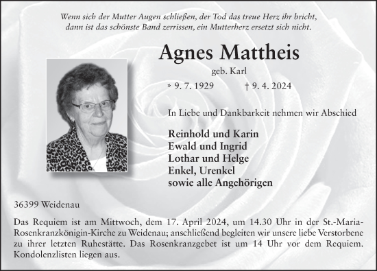 Traueranzeige von Agnes Mattheis von FZ