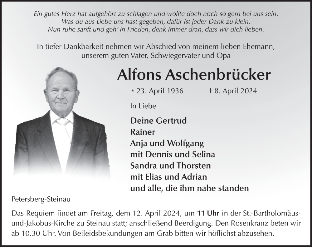  Traueranzeige für Alfons Aschenbrücker vom 10.04.2024 aus FZ