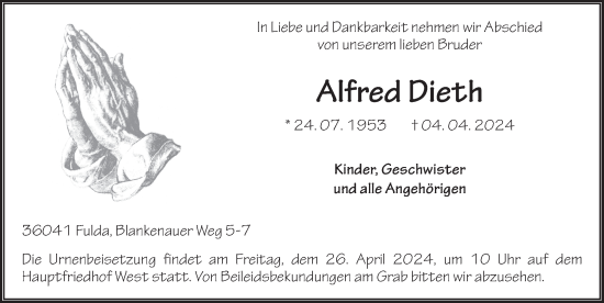 Traueranzeige von Alfred Dieth von FZ