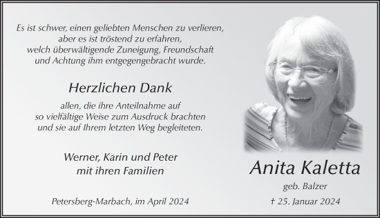 Traueranzeige von Anita Kaletta von FZ