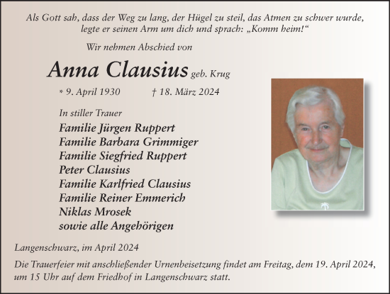 Traueranzeige von Anna Clausius von FZ