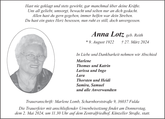 Traueranzeige von Anna Lotz von FZ