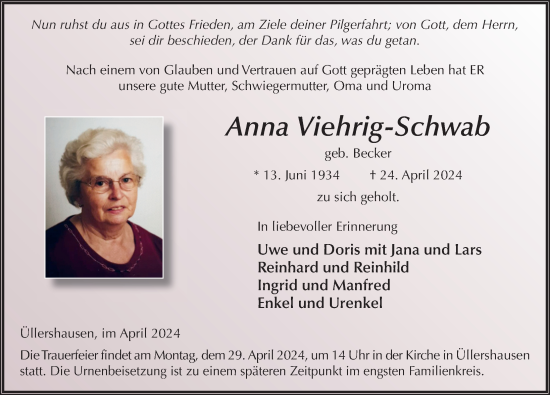 Traueranzeige von Anna Viehrig-Schwab von FZ