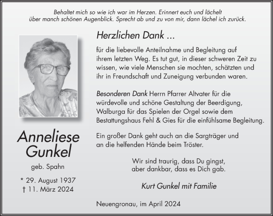 Traueranzeige von Anneliese Gunkel von FZ