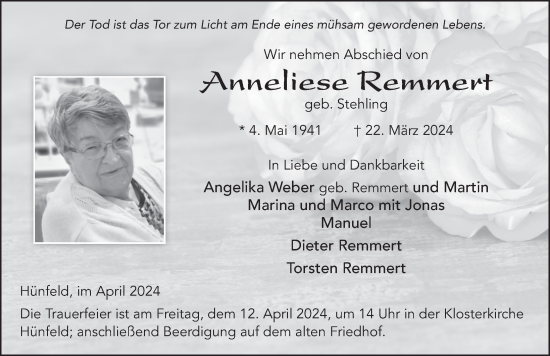 Traueranzeige von Anneliese Remmert von FZ