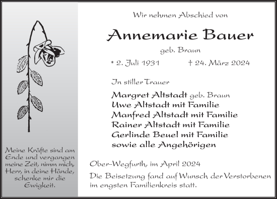 Traueranzeige von Annemarie Bauer von FZ