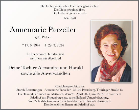 Traueranzeige von Annemarie Parzeller von FZ