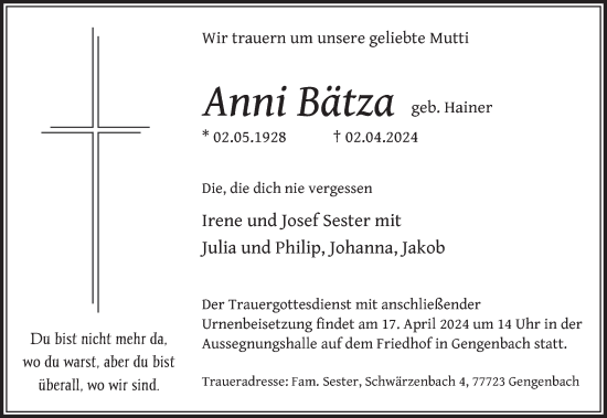 Traueranzeige von Anni Bätza von FZ