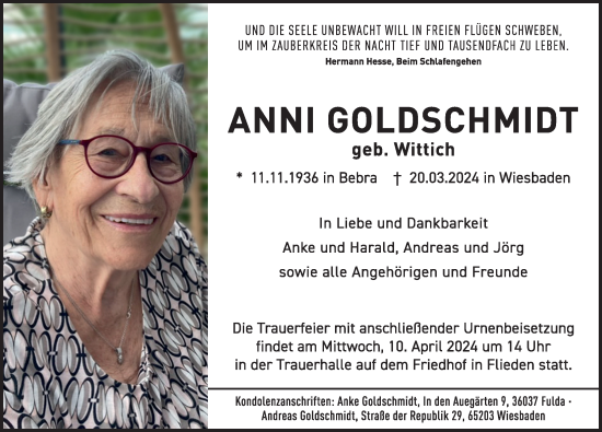 Traueranzeige von Anni Goldschmidt von FZ