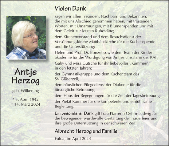 Traueranzeige von Antje Herzog von FZ