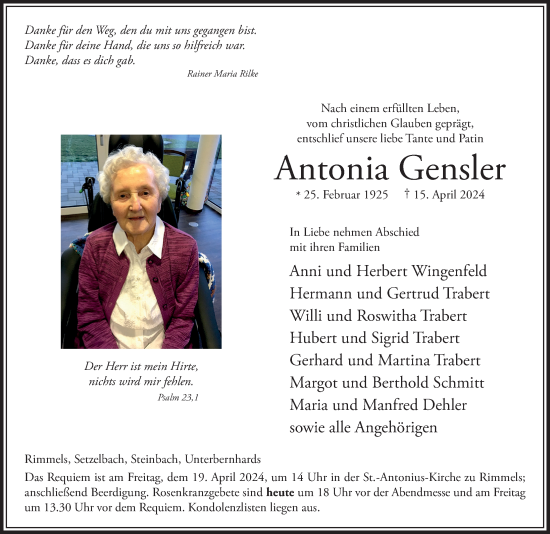 Traueranzeige von Antonia Gensler von FZ