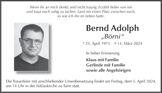 Traueranzeige von Bernd Adolph von FZ