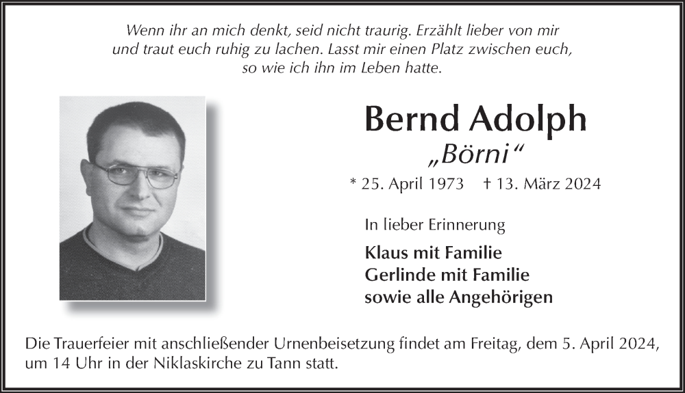  Traueranzeige für Bernd Adolph vom 03.04.2024 aus FZ