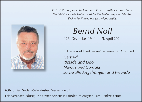 Traueranzeige von Bernd Noll von FZ