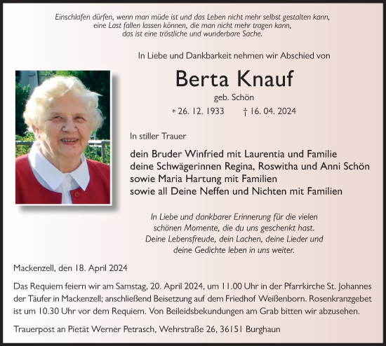 Traueranzeige von Berta Knauf von FZ