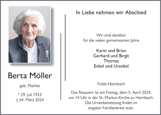 Traueranzeige von Berta Möller von FZ