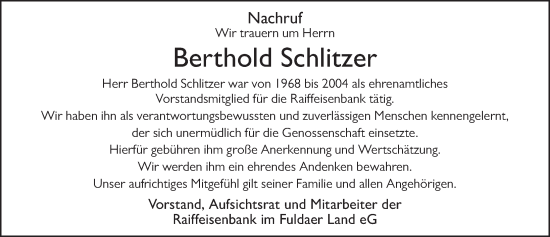 Traueranzeige von Berthold Schlitzer von FZ