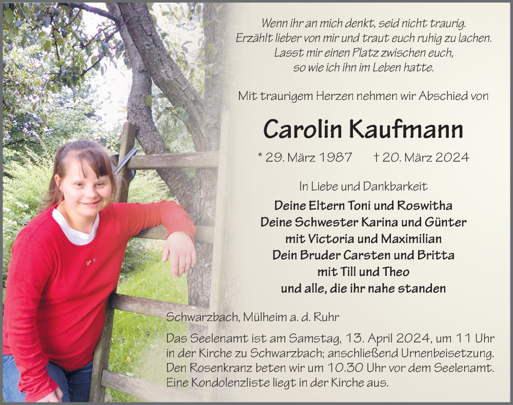  Traueranzeige für Carolin Kaufmann vom 09.04.2024 aus FZ