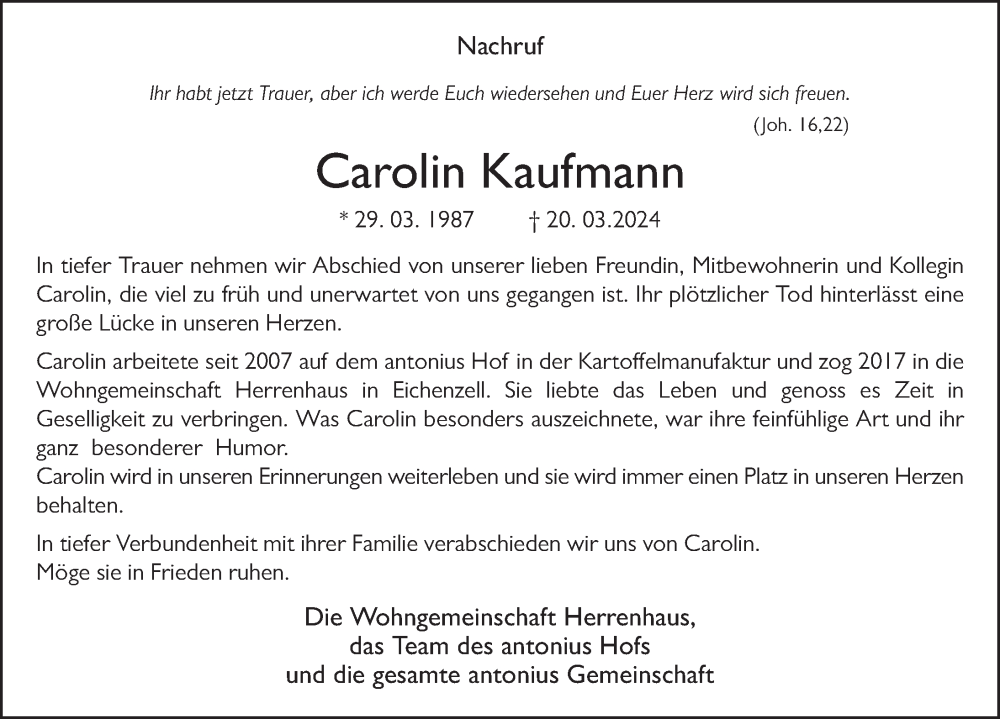  Traueranzeige für Carolin Kaufmann vom 09.04.2024 aus FZ