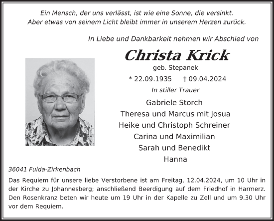 Traueranzeige von Christa Krick von FZ