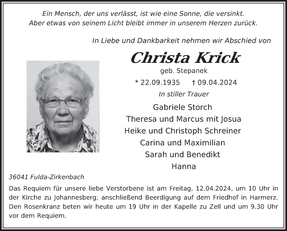  Traueranzeige für Christa Krick vom 11.04.2024 aus FZ