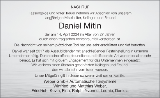 Traueranzeige von Daniel Mitin von FZ