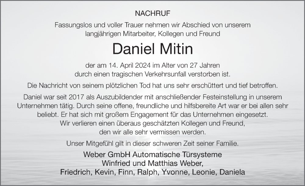 Traueranzeige für Daniel Mitin vom 22.04.2024 aus FZ