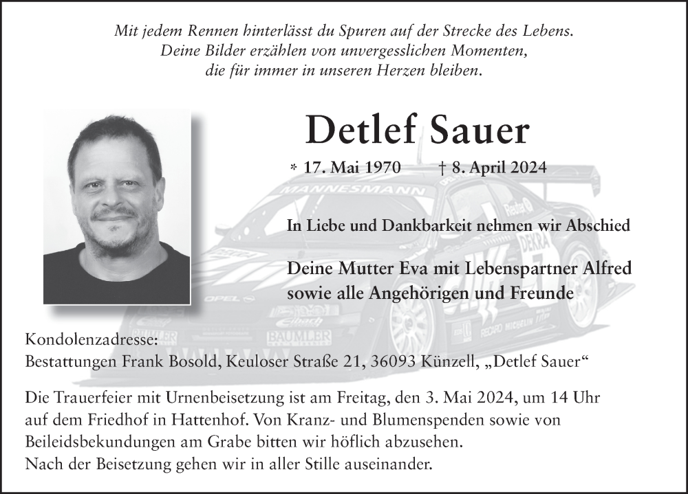  Traueranzeige für Detlef Sauer vom 26.04.2024 aus FZ