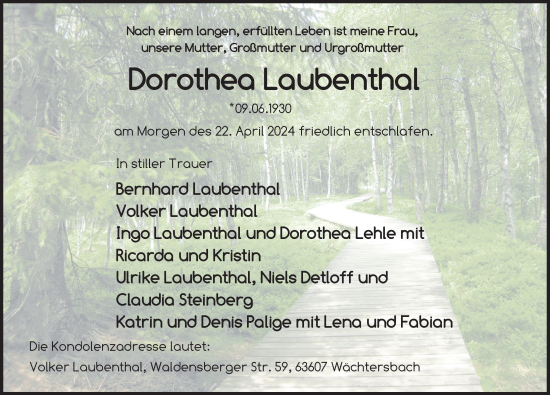 Traueranzeige von Dorothea Laubenthal von FZ