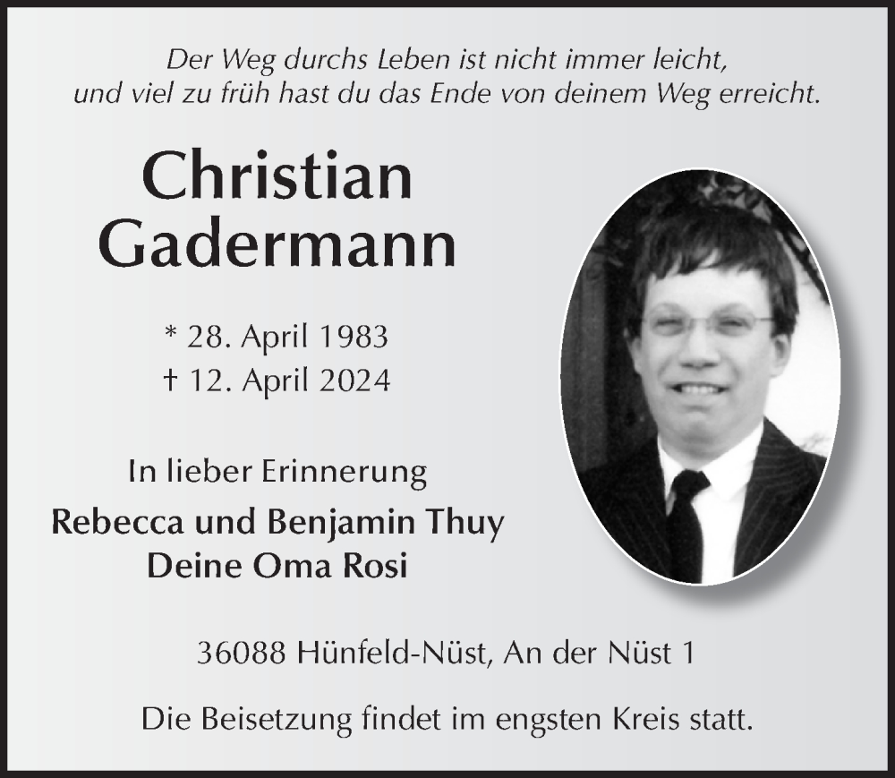  Traueranzeige für Christian Gadermann vom 17.04.2024 aus FZ