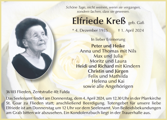 Traueranzeige von Elfriede Kreß von FZ
