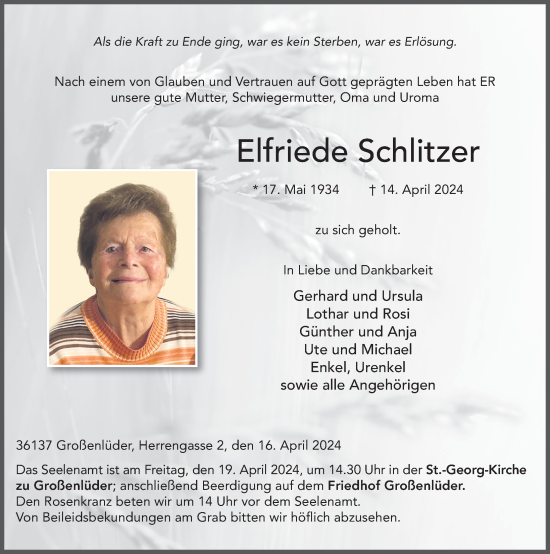 Traueranzeige von Elfriede Schlitzer von FZ