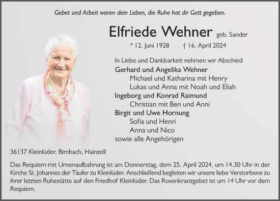 Traueranzeige von Elfriede Wehner von FZ