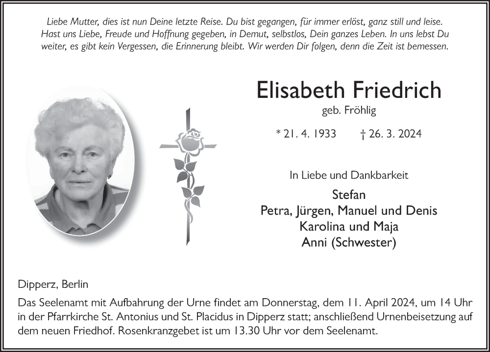 Traueranzeige für Elisabeth Friedrich vom 08.04.2024 aus FZ