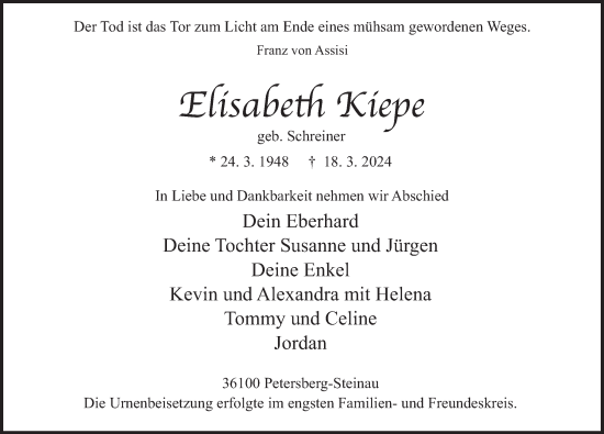 Traueranzeige von Elisabeth Kiepe von FZ