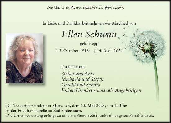 Traueranzeige von Ellen Schwan von FZ